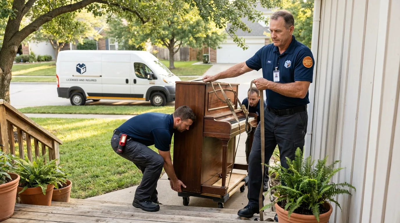 Licensed piano movers securing grand piano in Emporia, VA