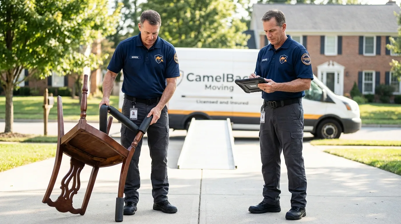 Movers inspecting furniture for damage prevention before loading in Emporia, VA